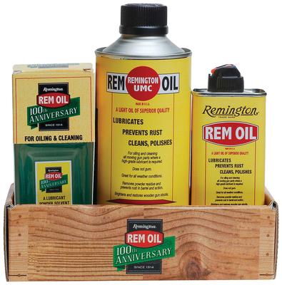 100th Anniversary Replica Rem Oil Combo Pack Box Includes One Each of 2.5 Ounce Glass Bottle 4 Ounce Tin 16 Ounce Pint Can in Faux Wood Box Shrink Wrapped Displayed Standing Upright