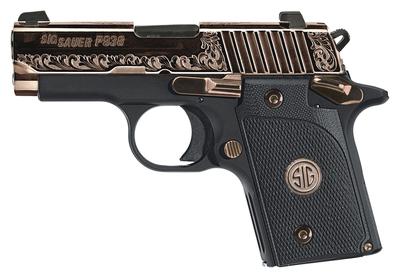 P938 Rose Gold 9mm 3 Inch Barrel Stainless Steel Slide With Engraved Rose Gold Polished Finish Siglite Night Sights Ambidextrous Safety G-10 Grip 6 Round