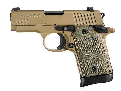 P938 Scorpion 9mm 3 Inch Barrel Siglite Night Sights Flat Dark Earth Frame and Slide Finish G-10 Piranha Grips 7 Round MA Compliant
