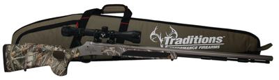 Vortek Ultralight Scoped Gun/Case Package .50 Caliber 28 Inch Tapered Lightweight Fluted Barrel 3-9x40mm Duplex Rangefinding Scope Realtree AP Hogue Overmold Soft Touch Thumbhold Stock
