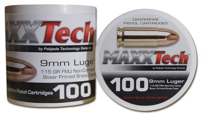 MAXXTech 9mm Luger 115 Grain Full Metal Jacket Brass In Plastic Cylinders