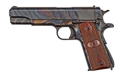 Case Hardened, Semi-automatic, 1911, 45 ACP, 5" Barrel, Steel Frame, Case Hardened Finish w/Clear Protective Coat, Wood Grips w/US Logo, 7Rd, 1 Mag, Thumb Safety, Blade Front/Adjustable Rear Sight 1911GCH