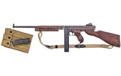 Iwo Jima Commemorative M1 Thompson, Semi-automatic, Rifle, 45 ACP, 16.5" Barrel, Engraved OD Green under Distressed Copper Cerakote, Engraved Walnut Stock and Grips, 1-30Rd and 1-20Rd Stick Magazine, Magazine Pouch, and Sling Inlcuded, Features Engraving