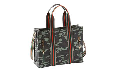 Cross Body Style Purse, Black/Green/Brown Camo Pattern with Stripes, Universal Fit Holster Included BDP-043