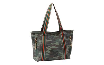 Tote Style Purse, Black/Green/Brown Camo Pattern with Stripes, Universal Fit Holster Included BDP-049