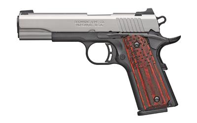 1911-380, Black Label Pro, Compact, Semi-automatic, 1911, 380 ACP, 3.625" Barrel, Black and Stainless Two-Tone Color, Satin Finish, Composite Frame, Ambidextrous Thumb Safety, American Flag Laminate Grips, White 3 Dot Sights, 8Rd, 2 Magazines 051978492