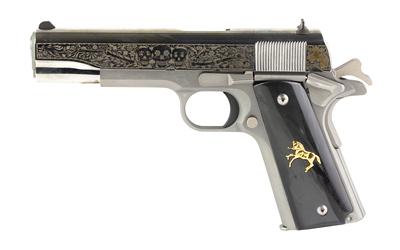 Government Model, Day Of The Dead, 1911 Classic, Semi-automatic, Metal Frame Pistol, Full Size, 38 Super, 5" Barrel, Steel, Stainless Finish, 9 Rounds, 1 Magazine, High Polished, Deep Engraved Slide With Black Background, Gold Plated Logo/Pony, Black Pea