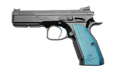Shadow 2 ACCU, 2023X, Single Action, Semi-automatic, Metal Frame Pistol, 9MM, 4.89" Barrel, CZ Custom ACCU Bushing, Polycoat Finish, Black, Adjustable Rear Sight & Fiber Optic Front, Blue Aluminum Grips, 17 Rounds, 2 Magazines 91039