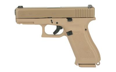 19X, Striker Fired, Compact, 9MM, 4.02" Marksman Barrel, Polymer Frame, Coyote Finish, Glock Night Sights, Coyote Color Pistol Case, 10Rd, 3 Magazines, Lanyard Loop, Ambidextrous Slide Stop Lever, No Finger Grooves UX1950701