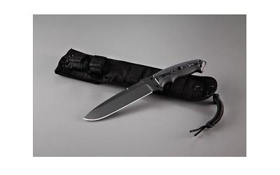 EX-F01, 7" Fixed Blade Knife, Drop Point Blade, G10 Frame, A2 Black Kote, G-Mascus Black Scales, Black Sheath 35159