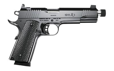 R1, Enhanced Threaded, 1911, Semi-automatic, Metal Frame Pistol, Full Size, 45 ACP, 5.5" Threaded Barrel, Steel, Oxide Finish, Black, Laminate Grips, Tall 2-Dot, Grip Safety, 8 Rounds, 2 Magazines R96339