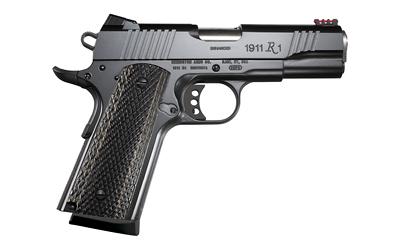 R1, Enhanced Commander, 1911, Semi-automatic, Metal Frame Pistol, Commander, 45 ACP, 4.25" Match Grade Barrel, Steel, Oxide Finish, Black, Laminate Grips, Fiber Optic Front/Adjustable Rear, Grip Safety, 8 Rounds, 2 Magazines R96359