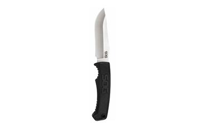 Field Knife, Fixed Blade Knife, 4" Straight Edge Clip Point, Black Rubber Handle, 7Cr17MoV Steel, Satin Finish, Silver, Includes Glass Reinforced Nylon Sheath SOG-FK1001-CP