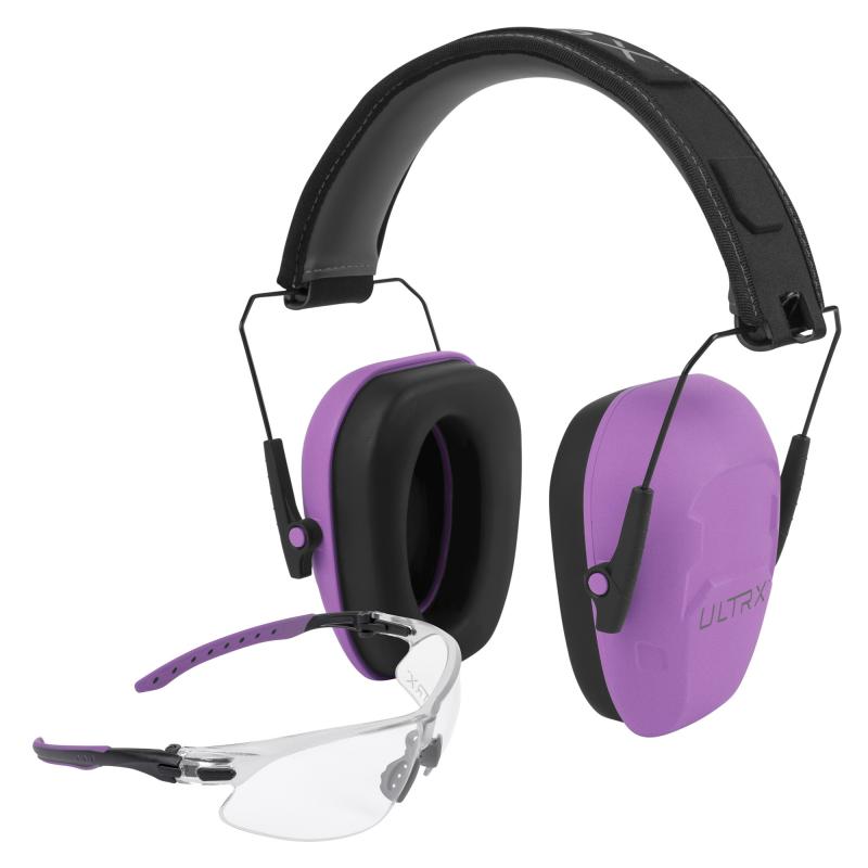 ULTRX Hearing and Eye Combo, Shield Passive Earmuff, NRR 23dB, Plum, Anti-Fog/Anti-Scratch Shooting Glasses, Clear, ANSI Z58 and CE EN-Rated 4155