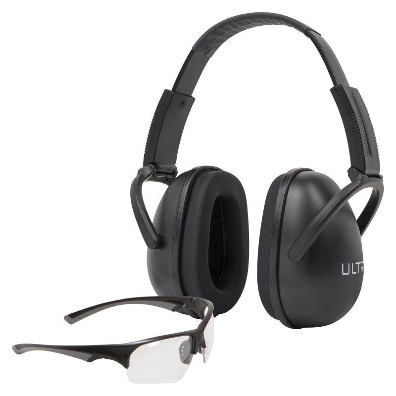 ULTRX Hearing and Eye Combo, Sound Blocker Earmuff, NRR 23dB, Black, Impact Resistant Shooting Glasses, Clear, ANSI Z87.1+ 4158