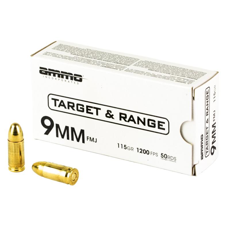 Target & Range, 9MM, 115 Grain, Full Metal Jacket Bullet, 50 Round Box 9115FMJ-TR50