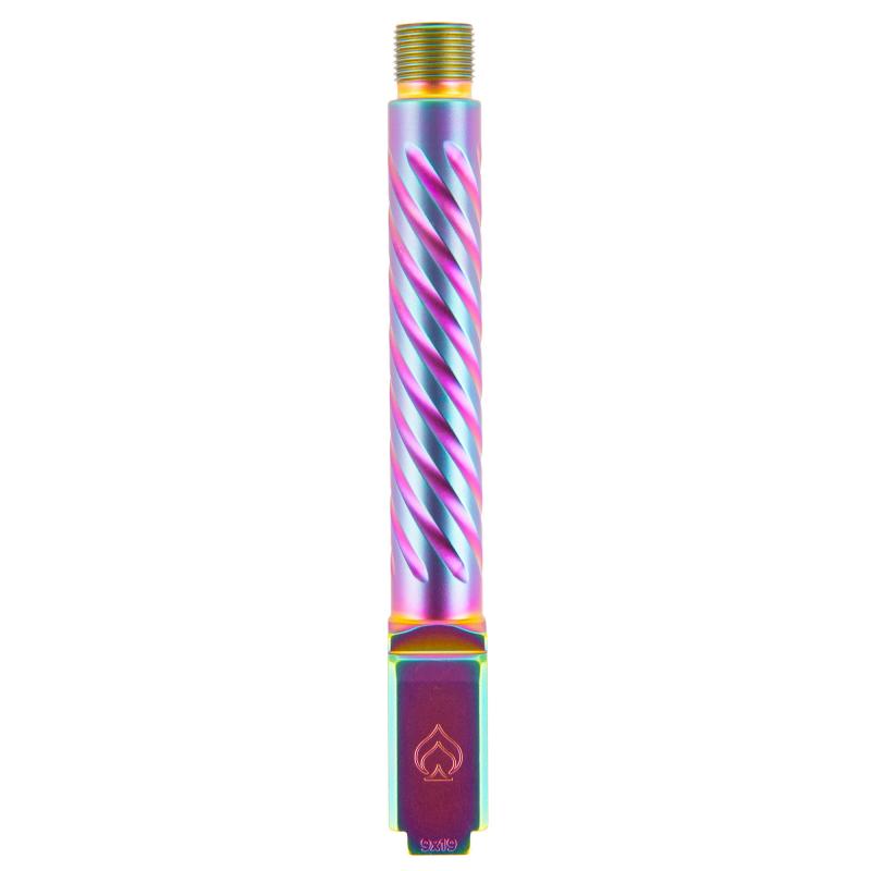 Premium Series, 9MM, 5" Threaded Barrel, 1/2x28, Spiral Fluting, For Glock 17 Gen 5, PVD Finish, Iridescent Rainbow BAPSG175T3W