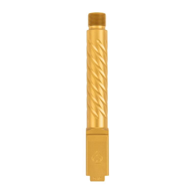 Premium Series, 9MM, 4.5" Threaded Barrel, 1/2x28, Spiral Fluting, For Glock 19 Gen 3-5, PVD Finish, Gold BAPSG195T3G