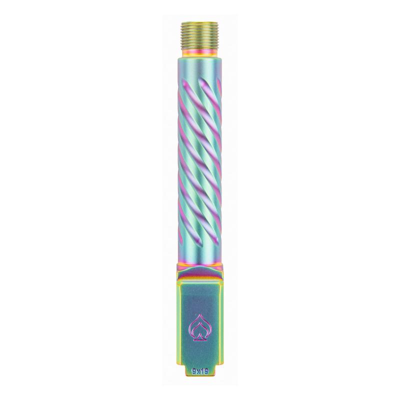 Premium Series, 9MM, 4.5" Threaded Barrel, 1/2x28, Spiral Fluting, For Glock 19 Gen 3-5, PVD Finish, Iridescent Rainbow BAPSG195T3W