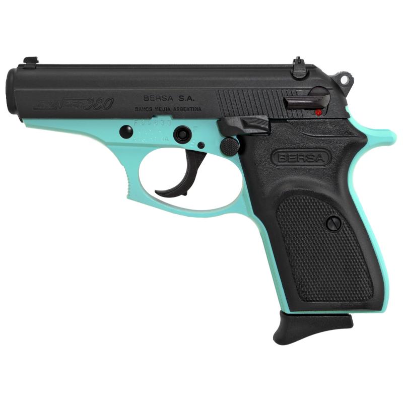 Thunder, Semi-automatic, DA/SA, Compact, 380ACP, 3.5" Barrel, Alloy Frame, Black/Robin's Egg Blue Finish, Polymer Grips, 8Rd, Fixed Sights T380BLM8