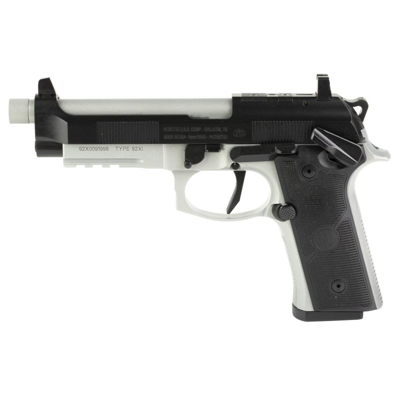 92XI SAO Tactical, Semi-automatic, Single Action Only, Full Size Pistol, 9MM, 5.1" Threaded Barrel, 1/2x28, Cerakote Finish, Black Slide and Controls, Silver Frame and Barrel, Optic Ready, Ambidextrous Safety, Suppressor Sights, 10 Rounds, 2 Magazines J9