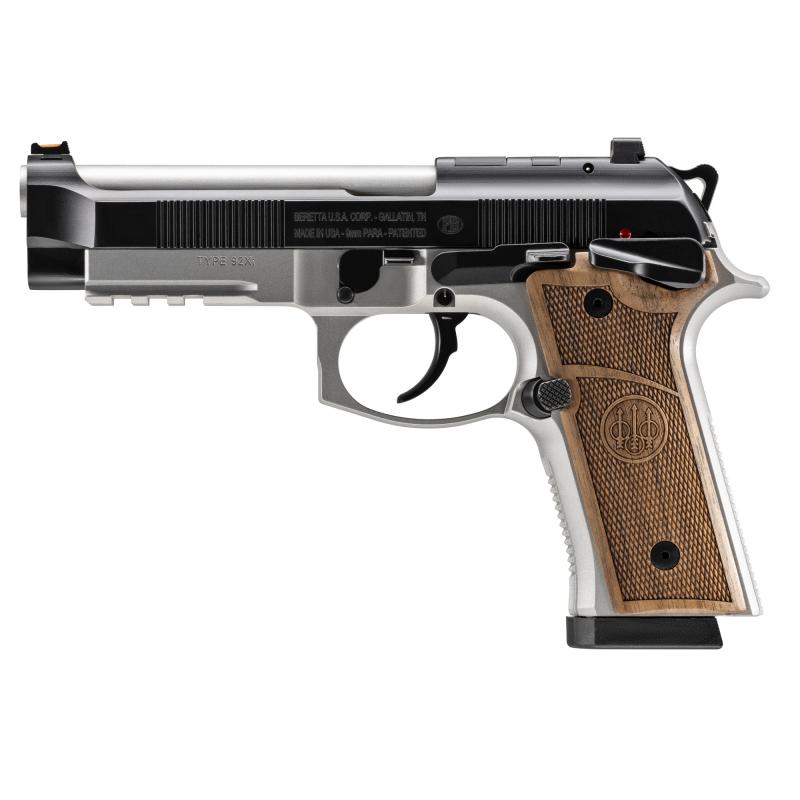 92GTS, Launch Edition, Double Action/Single Action, Semi-automatic, Metal Frame Pistol, Full Size, 9MM, 4.7" Barrel, Cerakote Finish, Black Slide, Silver Frame, Hogue Wood Grips, Ambidextrous Frame Mounted Decocker, Fiber Optic Front Sight, 10 Rounds, 2