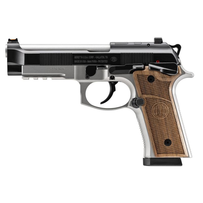 92GTS Launch Edition | 9MM 4.7" Barrel, Cerakote Finish, Black Slide, Silver Frame, Hogue Wood Grips, Ambidextrous Frame Mounted Decocker, Fiber Optic Front Sight, 18 Rounds, Double Action/Single Action, Semi-automatic, Metal Frame Pistol, Full Size