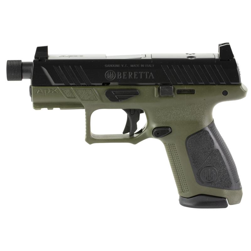 APX, A1 Tactical, Striker Fired, Semi-automatic, Polymer Frame Pistol, Compact, 9MM, 4.2" Threaded Barrel, 1/2x24, Matte Finish, Black Slide, Olive Drab Green Frame, Optics Ready, 15rd magazine, Blackout Suppressor Height Sights