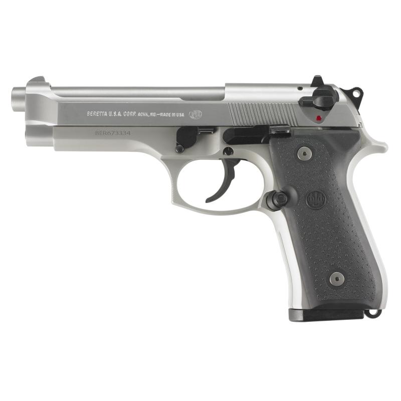 92FS, INOX, Double Action/Single Action, Semi-automatic, Metal Frame Pistol, Full Size, 9MM, 4.9" Barrel, Silver INOX Finish, Rubber Grips, 3 Dot Sights, 10 Rounds, 2 Magazines JS92F510CA