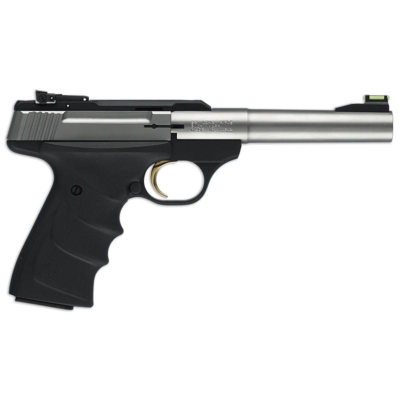 Buck Mark Stainless Camper .22 Long Rifle 5.5 Inch Stainless Tapered Bull Barrel Ultragrip RX Ambidextrous Grips 10 Round