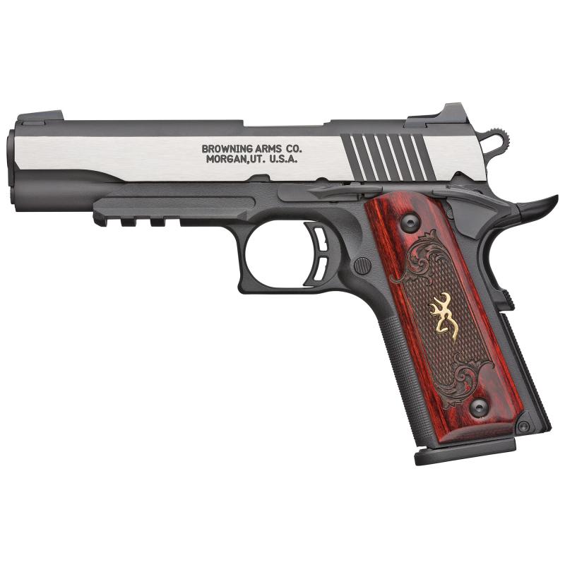 1911-380, Black Label Medallion Pro, Compact, Semi-automatic, 1911, 380 ACP, 3.625" Barrel, Black and Silver Two-Tone Color, Matte Finish, Composite Frame, Ambidextrous Thumb Safety, Laminate Grips, White 3 Dot Sights, 8Rd, 2 Magazines 051970492