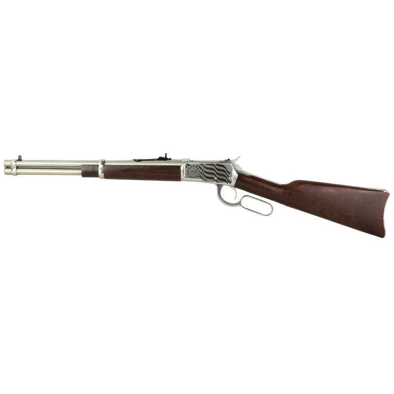 R92, Lever Action, 44 Magnum, 16" Round Barrel, Stainless Steel, Silver, Engraved US Flag on Receiver, Wood Furniture, Adjustable Sights, 8 Rounds 920441693-EN1
