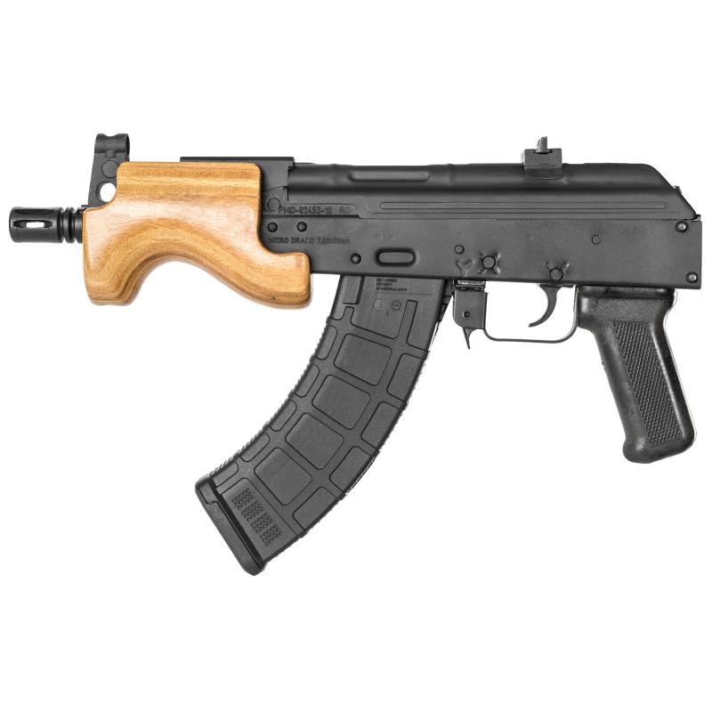 Micro Draco AK Pistol, Semi-automatic, 762X39, 6"Barrel, Steel Frame, Black Finish, Polymer Grips,Comes with 1-10Rd and 1-30Rd magazine, Removeable Flash Hider, Wood Hand Guard, 5 Pounds, 15.5" Overall Length. HG2797-N