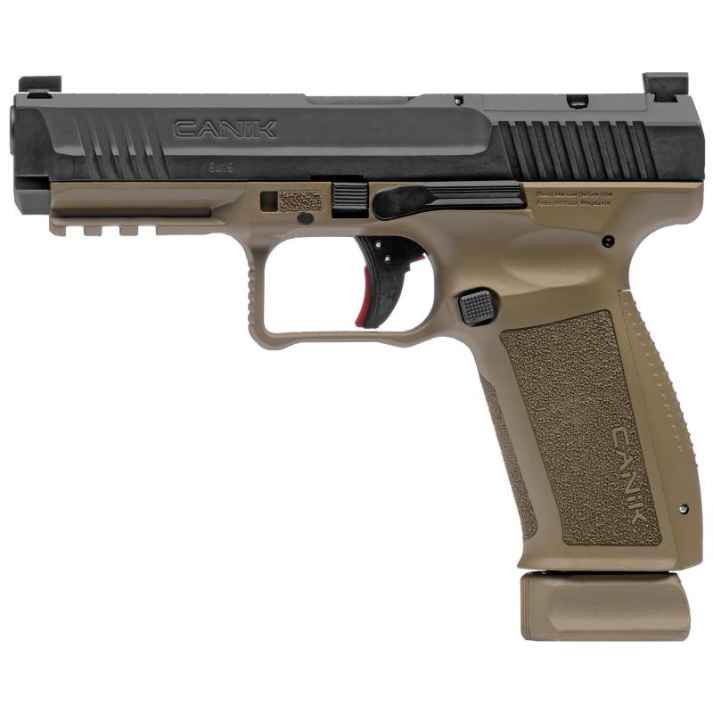 TP9, METE SFT, Striker Fired, Semi-automatic, Polymer Frame Pistol, Full Size, 9MM, 4.47" Barrel, Black Slide, Tan Frame, 3 Dot White Sights, Flared Magwell, Holster Fit and Lock, Optics Ready, 2 Magazines, (1)-18 Round and (1)-20 Round HG5636-N