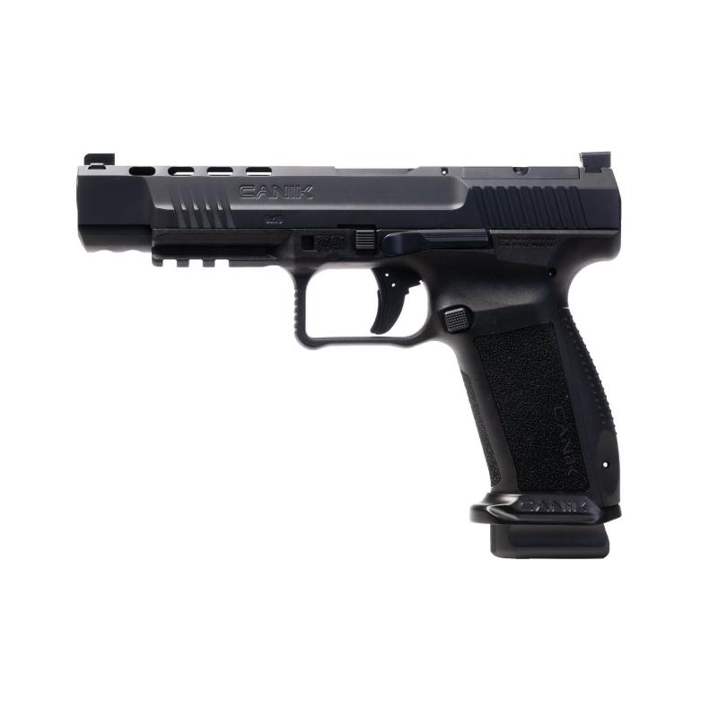 METE SFX, Striker Fired, Semi-automatic, Polymer Frame Pistol, Full Size, 9MM, 5.2" Barrel, Matte Finish, Black, 3 Dot White Sights, Flared Magwell, Optic Ready, 10 Rounds, 2 Magazines, Includes Holster and Hard Case HG6825-N