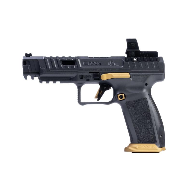 SFX Rival, Striker Fire, Semi-automatic Pistol, Full Size, Polymer Frame Pistol, 9MM, 5" Barrel, Matte Finish, Canik Gray w/Gold Accents, 18 Rounds, 2 Magazines, Includes MeCanik MO2 Optic HG7160T-N