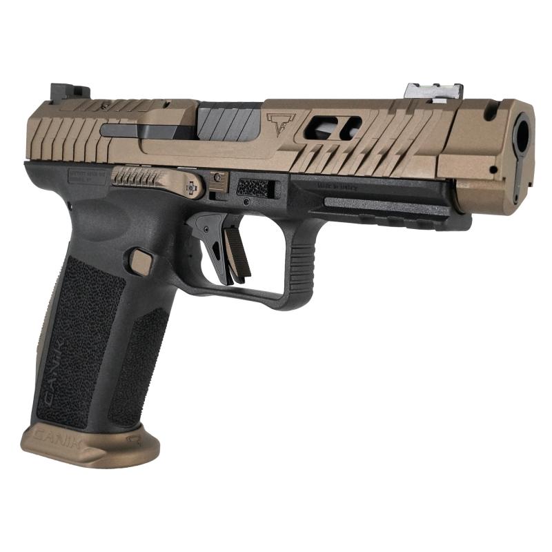 TTI Combat | 9MM, 4.6" Ported and Fluted Barrel, Canik Compensator, Matte Finish, TTI Bronze, Adjustable Rear Sight, Fiber Optic Front Sight, 18 Rounds, 2 Magazines HG7854-N Striker Fired, Semi-automatic, Polymer Framed Pistol, Full Size