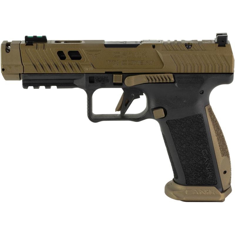 TTI Combat | 9MM, 4.6" Ported and Fluted Barrel, Canik Compensator, TTI Bronze, Adjustable Rear Sight, Fiber Optic Front Sight, 18 Rounds, 2 Magazines, MeCanik MO3 Red Dot Optic HG7854V