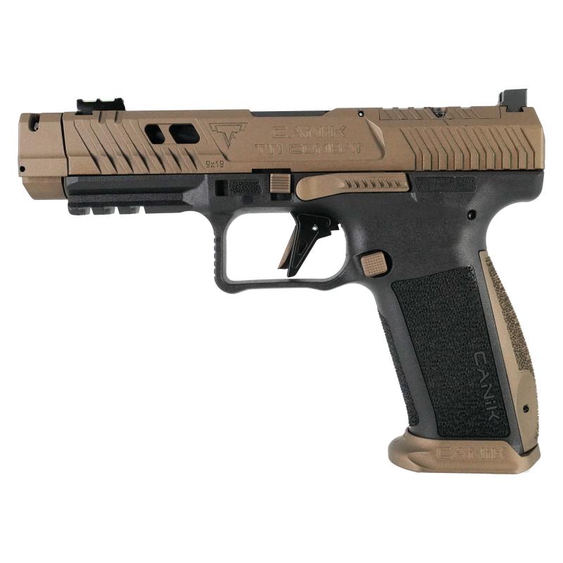 TTI Combat, Striker Fired, Semi-automatic, Polymer Framed Pistol, Full Size, 9MM, 4.6" Ported and Flted Barrel, Canik Compensator, Matte Finish, TTI Bronze, Adjustable Rear Sight, Fiber Optic Front Sight, 10 Rounds, 2 Magazines HG7864-N