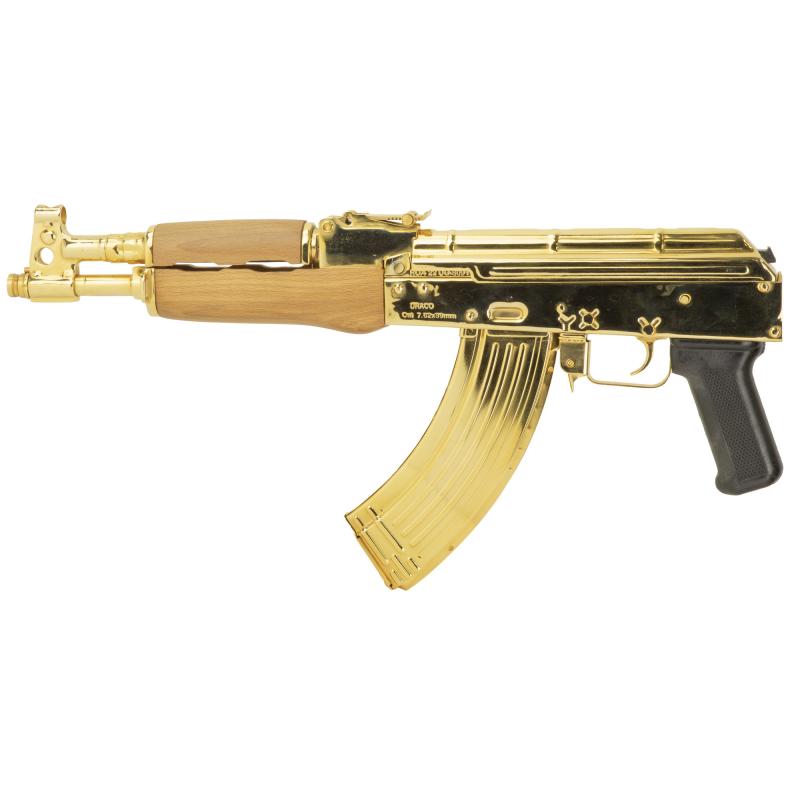 Draco, Semi-automatic, Metal Frame Pistol, 762X39, 12.25" Barrel, Threaded Barrel, Steel, 24K Gold Plated Finish, Hardwood Handguard, 30 Rounds, 1 Magazine HG7916-N