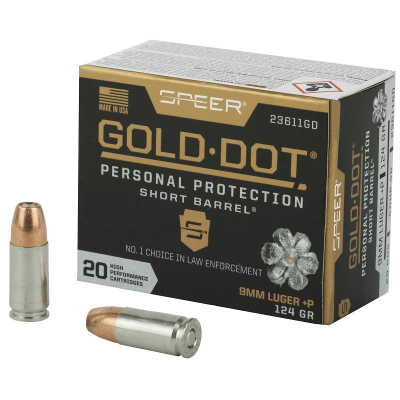 Speer Gold Dot, Personal Protection, 9MM, 124 Grain, Hollow Point, +P, Short Barrel, 20 Round Box 23611GD