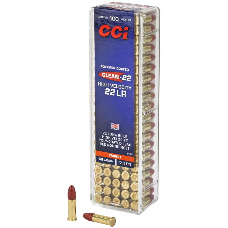 Clean 22 High Velocity |22 LR, 40 Grain, Red Polymer Coated Lead Bullets, 100 Round Box, 1235FPS 944CC