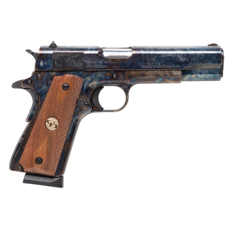 1911 Field, Semi-automatic, 1911, Metal Frame Pistol, Full Size, 45 ACP, 5" Barrel, Case Hardened Finish, Diamond Checkered Walnut Grips, Fixed Sights, Manual Safety, 8 Rounds, 2 Magazines 440.178