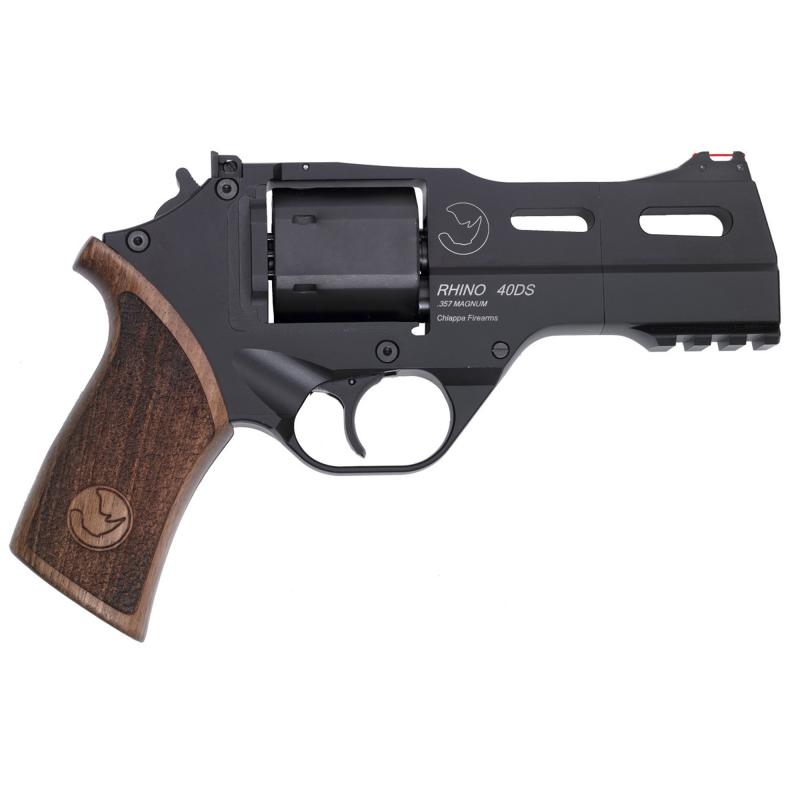 Rhino 40DS, Revolver, Double/Single Action, 357 Magnum/38 Special, 4" Barrel, Alloy Frame, Walnut Grips, 6Rd, Black Finish, 3 Moon Clips, Adjustable Rear Sight and Fiber Optic Front 340-219
