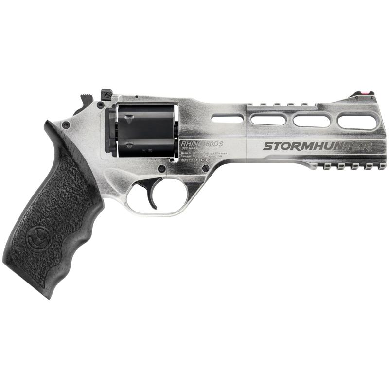 Rhino 60DS STORMHUNTER Revolver, Double Action/Single Action, 9MM, 6" Barrel, Alloy, White, Black Walnut Grips, Fiber Optic Front Sight, Adjustable Rear Sight, 6 Rounds, 3 Moon Clips 340.334