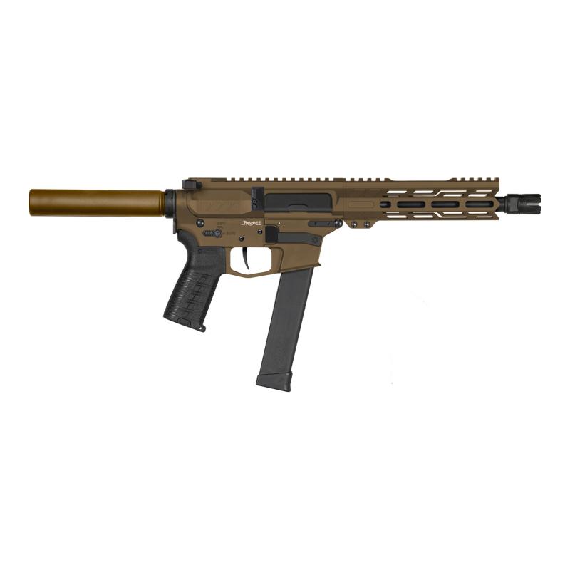 Banshee MK10, Semi-automatic Pistol, 10MM, 8" Threaded Barrel, .578x28, CMMG Zeroed Linear Compensator, Cerakote Finish, Midnight Bronze, M-LOK Handguard, CMMG Zeroed Polymer Grip, Pistol Tube, Manual Safety, 30 Rounds, 1 Magazine, Accepts GLOCK Pattern