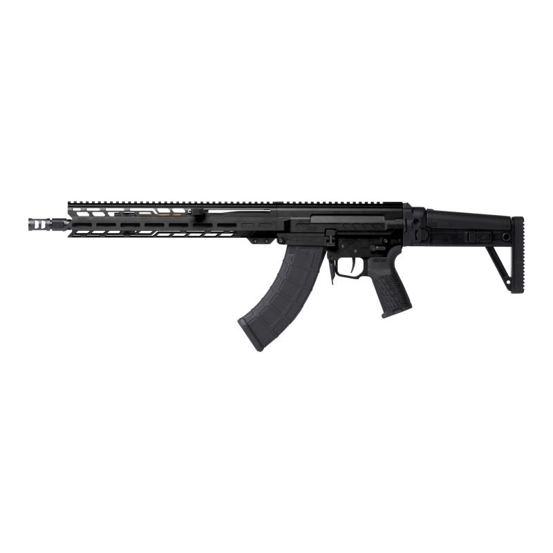 DISSENT MK47, Semi-automatic Rifle, 7.62X39mm, 14.3" Medium Taper Barrel, 16.1" OAL with Pinned and Welded ZEROED SVD Muzzle Brake, Cerakote Finish, Armor Black, Free Float M-LOK Handguard, DISSENT Side Folding Stock, Manual Safety, 30 Rounds, 2 Magazine
