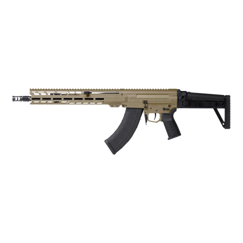 DISSENT MK47, Semi-automatic Rifle, 7.62X39mm, 14.3" Medium Taper Barrel, 16.1" OAL with Pinned and Welded ZEROED SVD Muzzle Brake, Cerakote Finish, Coyote Tan, Free Float M-LOK Handguard, DISSENT Side Folding Stock, Manual Safety, 30 Rounds, 2 Magazines
