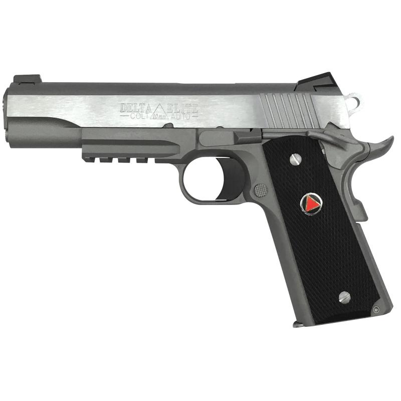 Government Delta Elite Rail 10mm 5 Inch Barrel Stainless Steel Frame and Slide with Brushed Finish Novak Sights Black Checkered Composite Grips With Delta Medallions 8 Round