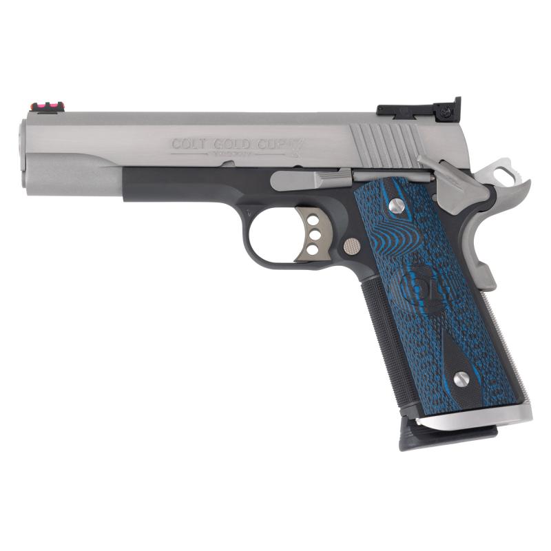 Gold Cup Trophy, Series 70, 1911, Semi-automatic, Full Size, 45 ACP, 5" Barrel, Stainless Steel Slide, Blued Finish Frame, G10 Grips, Fiber Optic Front & Adjustable Rear Sights, Extended Magwell, Right Hand, 8 Rounds, 1 Magazine O5970XE-TT